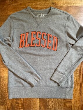 ComfortFit Gray 'Blessed' Crewneck Sweatshirt with Orange Applique